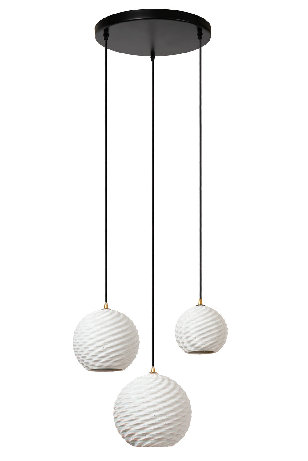 Vue d'ensemble du luminaire suspendu, trois abat-jour sphériques blancs et structure noire.