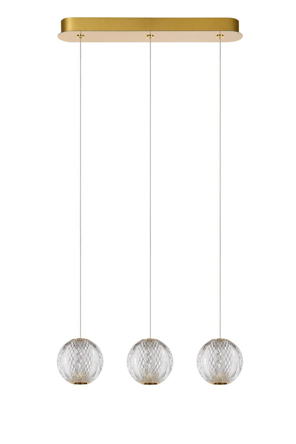 Trois globes transparents suspendus par de fins câbles sous une platine