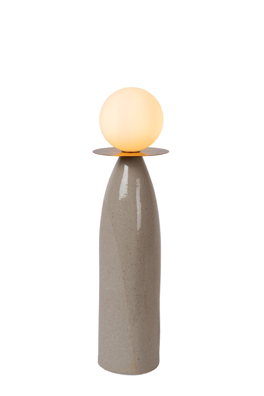 Produit de face sur fond blanc, lampe allumée montrant le globe lumineux et le pied gris