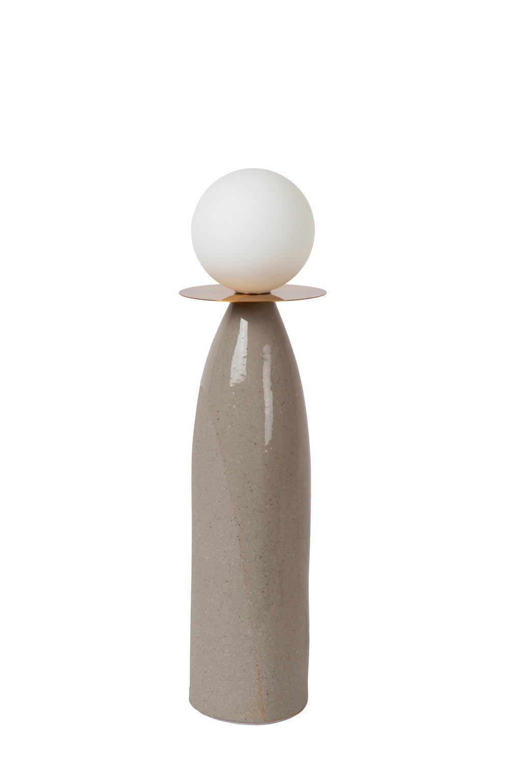 Lampe éteinte vue de face sur fond blanc, pied cylindrique gris et sphère blanche