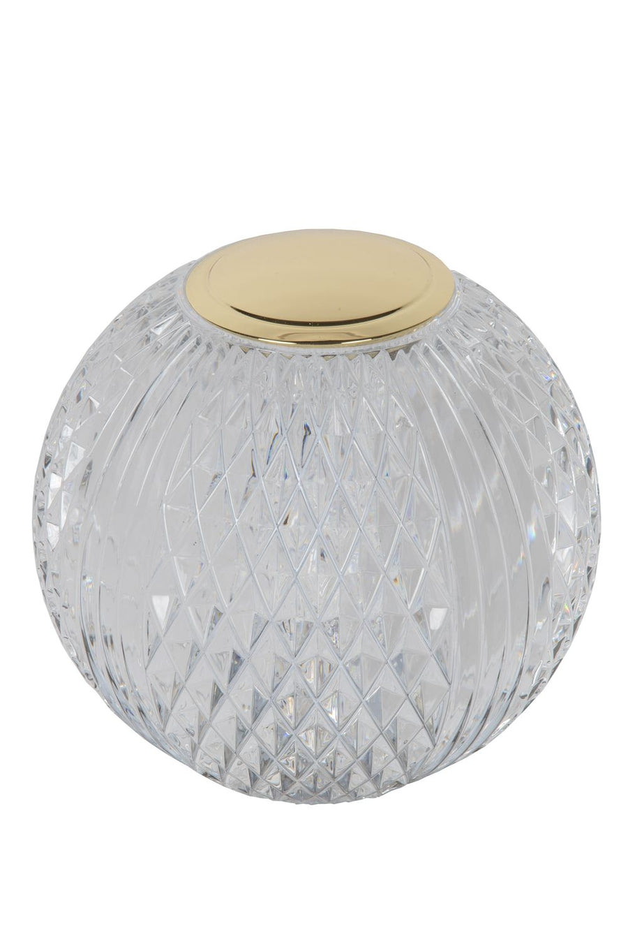 Détail du globe transparent éteint, finition diamant et couvercle doré mat