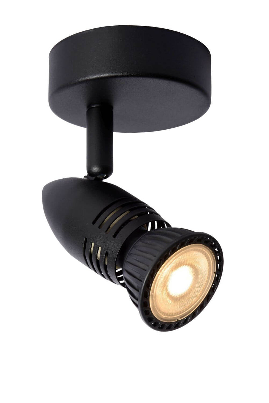 Détail du luminaire noir allumé, lentille et ampoule LED visibles de face.