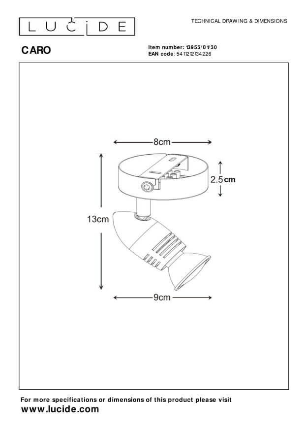Schéma technique coté du luminaire noir avec dimensions en centimètres pour installation.