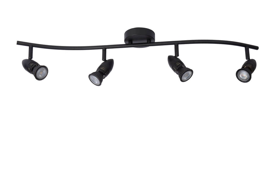 Vue de face du plafonnier noir éteint avec quatre projecteurs orientables sur fond blanc