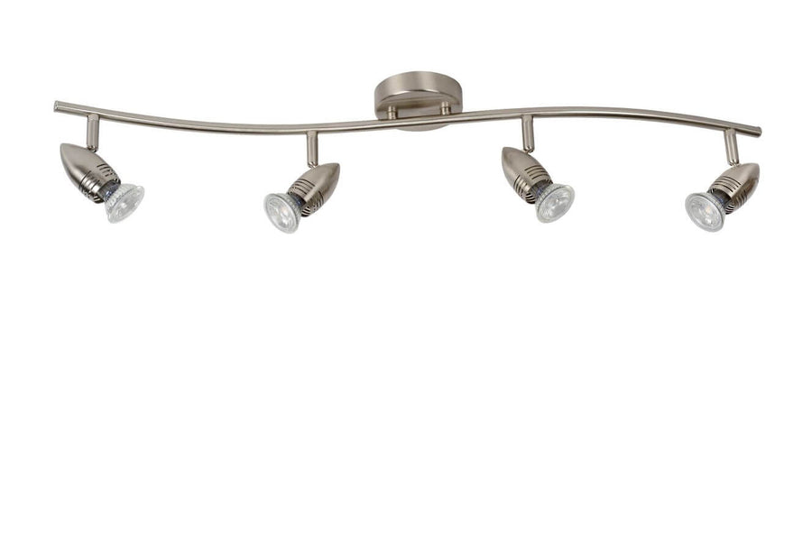 Vue de face détaillée du luminaire avec quatre projecteurs orientables vers le bas.