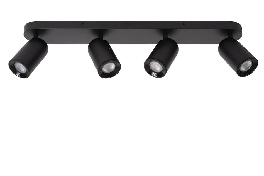 Vue frontale du luminaire noir, quatre spots orientables éteints.
