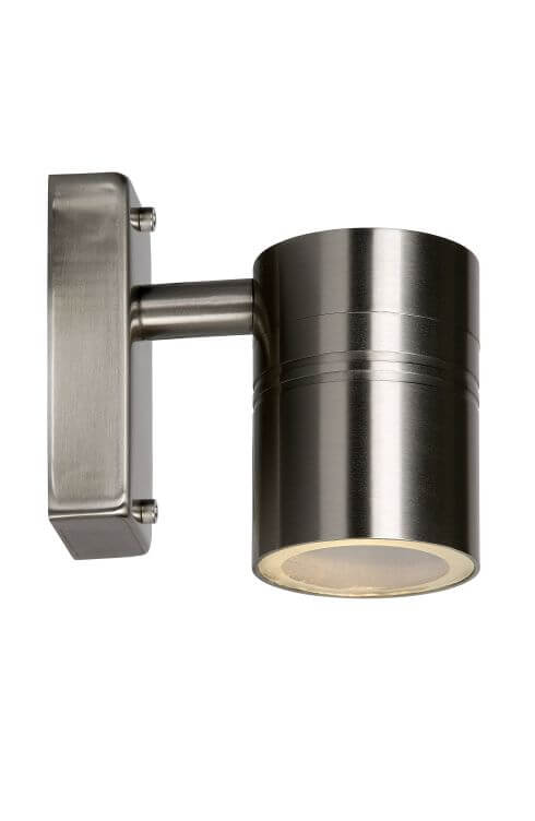 Produit isolé sur fond blanc, applique cylindrique en métal brossé, orientée vers le bas.