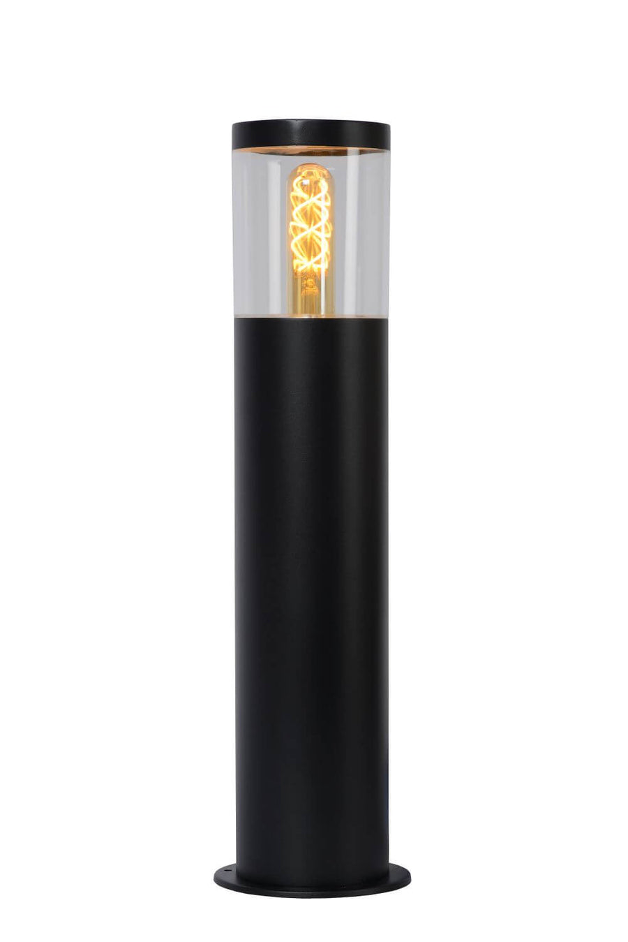 Produit de face sur fond blanc, cylindre noir et partie vitrée transparente