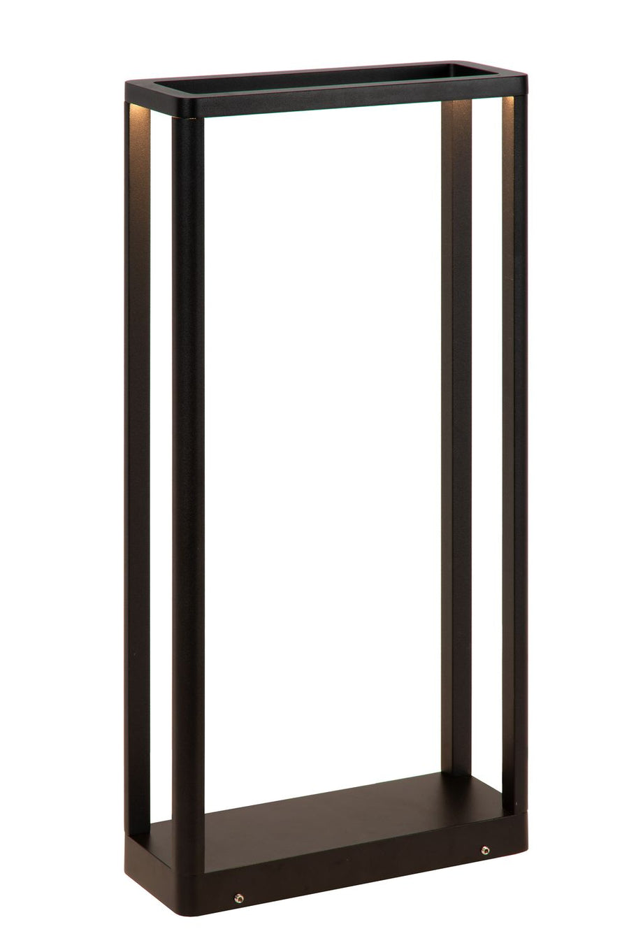 Vue de trois quarts du luminaire noir montrant la structure verticale ajourée