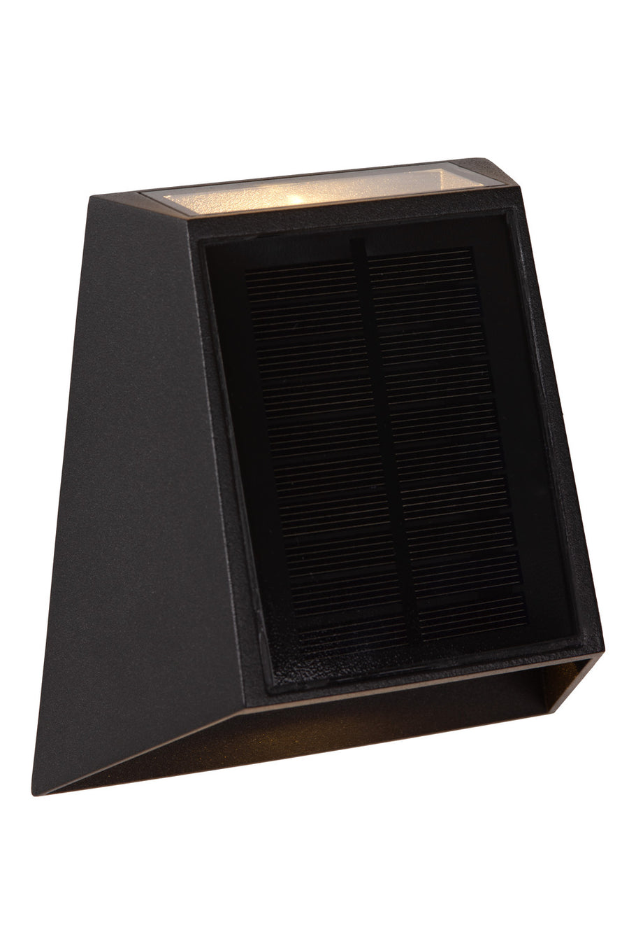 Vue de trois quarts du luminaire noir au boîtier anguleux et trapu