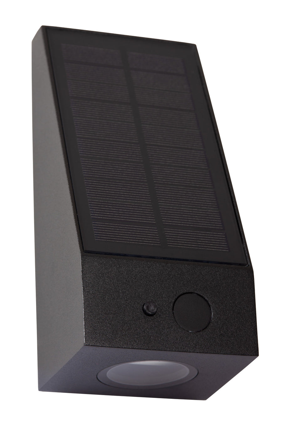 Vue rapprochée de l'applique solaire noire, panneau incliné et lentille lumineuse éteinte