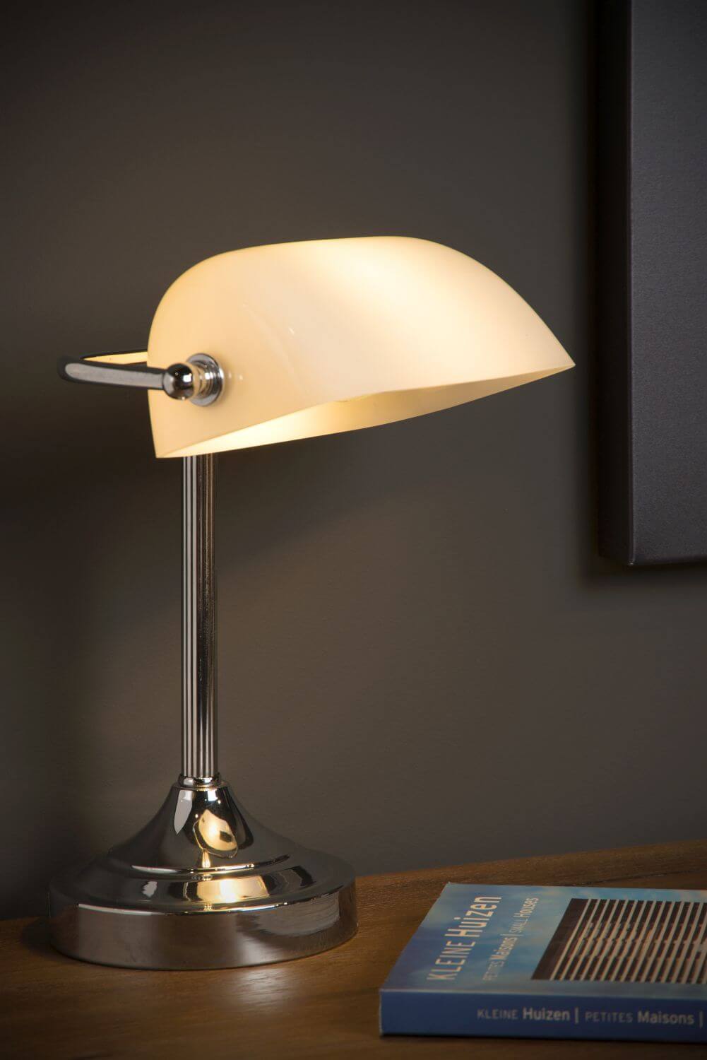 Lampe de bureau Banker chromée et blanche, verre