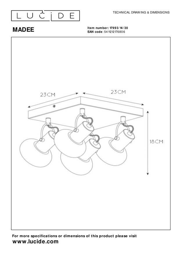 Schéma technique coté du plafonnier avec les dimensions en centimètres