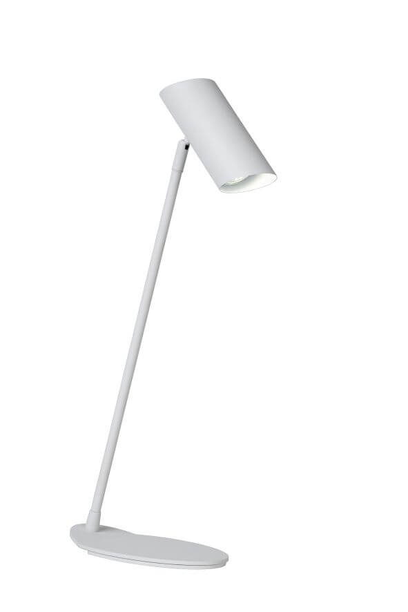 Lampe de bureau blanche photographiée de trois quarts sur fond blanc uni.