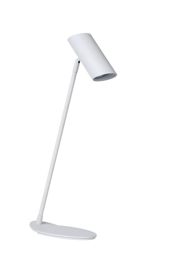 Autre angle du luminaire blanc, montrant la tige fine et la base ovale.