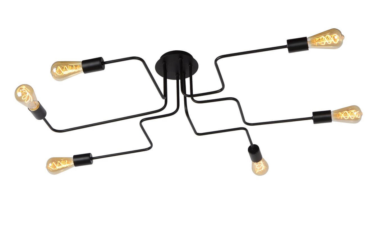 Vue de face du luminaire aux six bras noirs ondulés et ampoules filament