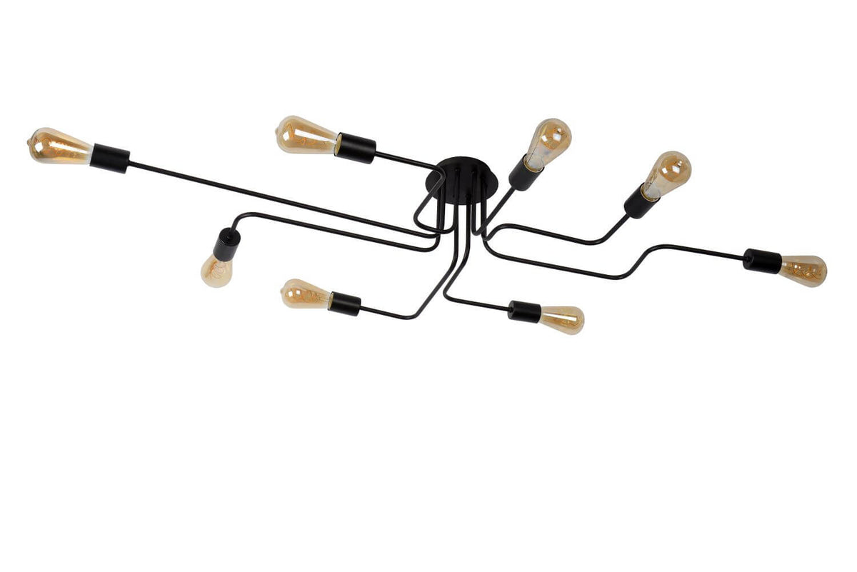 Autre angle du plafonnier noir, bras métalliques fins et ampoules à filament visibles.