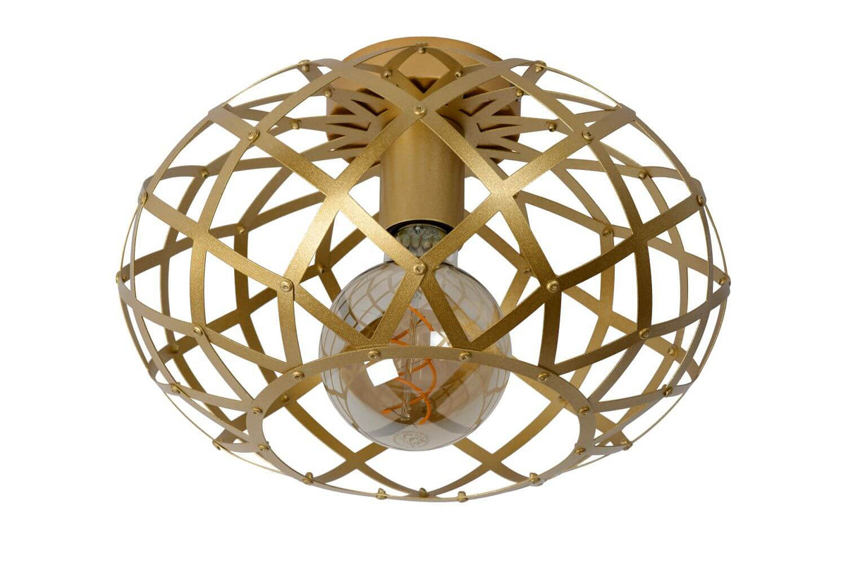 Autre angle du plafonnier doré mat, cage en losanges et ampoule visible