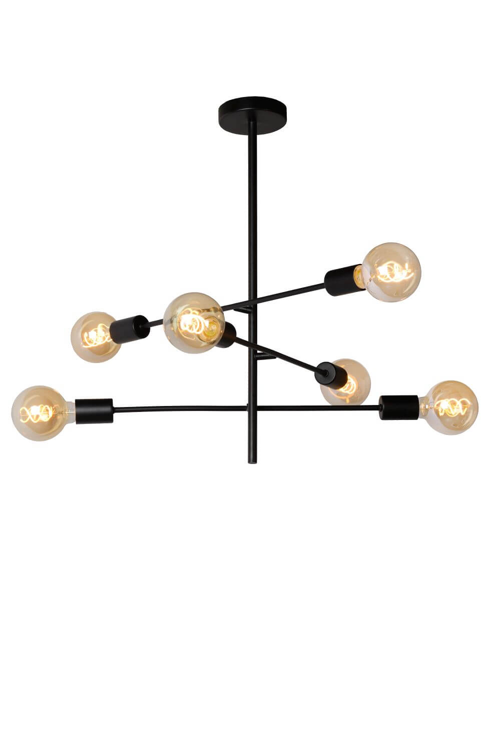 Produit de face sur fond blanc, bras noirs et douilles nickel avec ampoules dorées