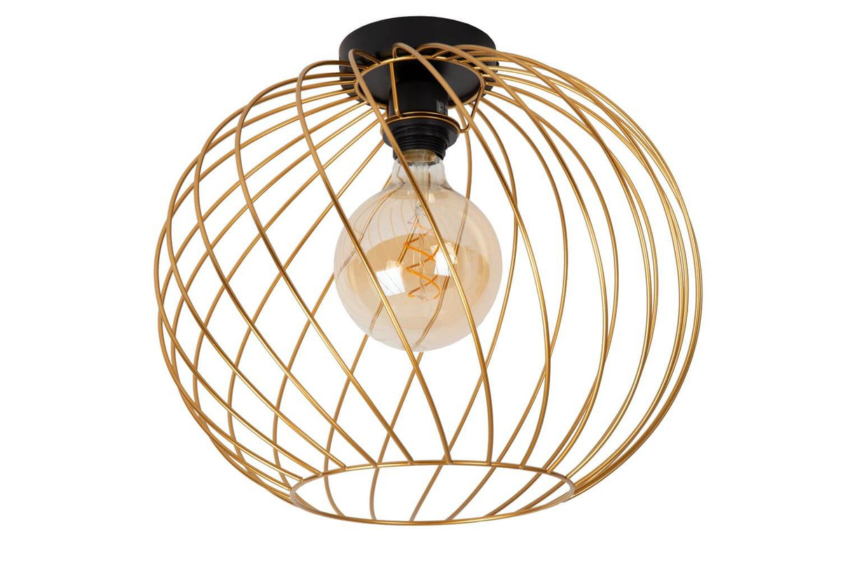 Second angle du plafonnier allumé, cage sphérique dorée et ampoule globe