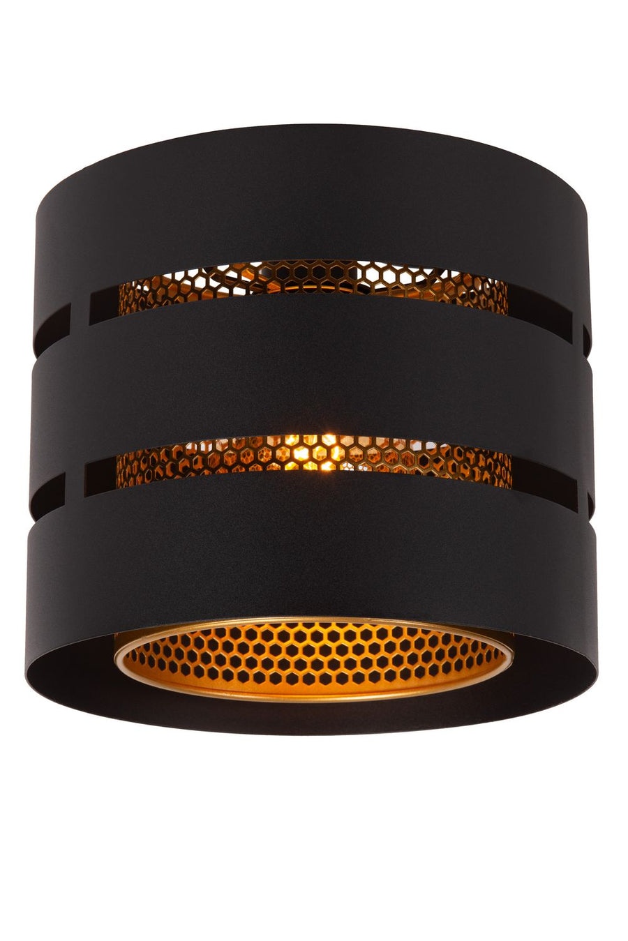 Vue rapprochée du luminaire montrant les deux bandes dorées à motif alvéolaire en nid d'abeille
