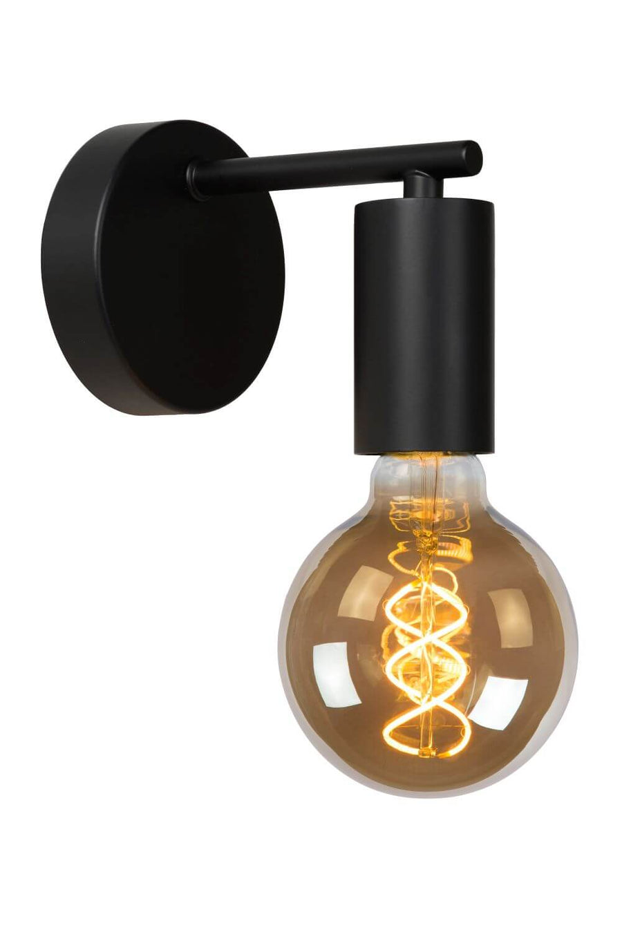 Vue de trois quarts du luminaire noir avec ampoule Edison allumée sur fond blanc.