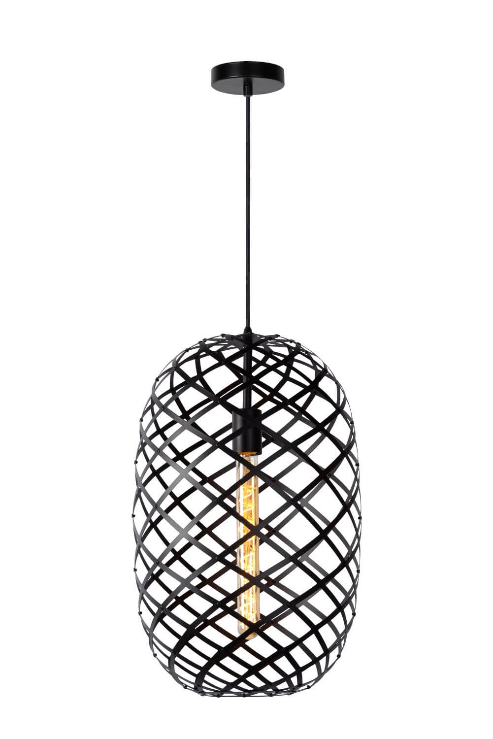 Luminaire noir présenté de face sur fond blanc, avec câble et rosace apparents.
