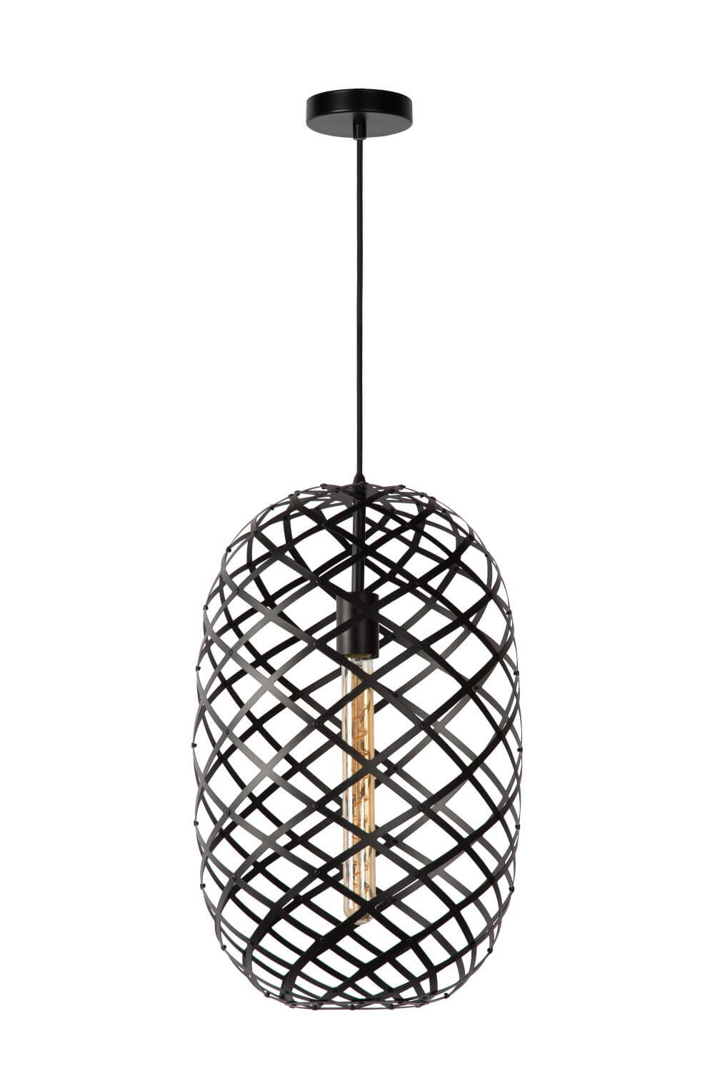 Vue d'ensemble du luminaire noir sur fond blanc, abat-jour cylindrique ajouré.
