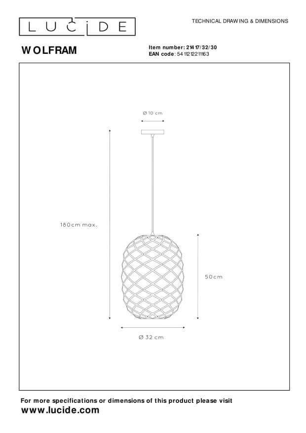 Schéma technique coté du luminaire, avec hauteur maximale et diamètre indiqués.