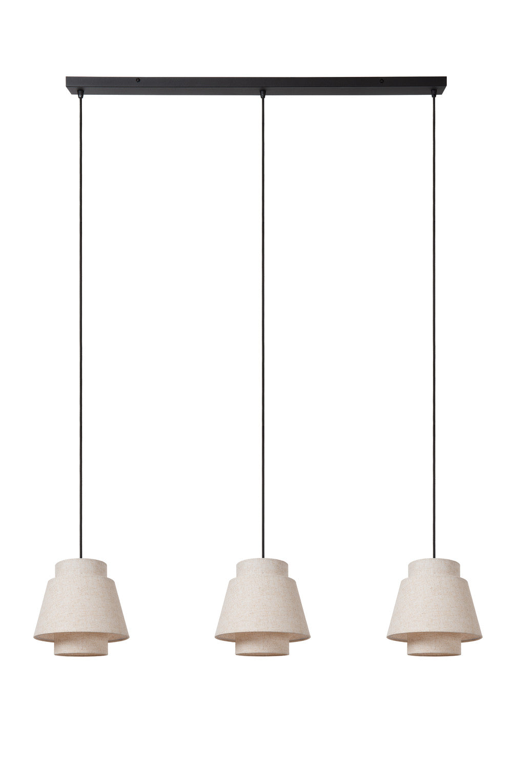 Suspension complète éteinte, barre noire et trois abat-jours beiges en tissu.