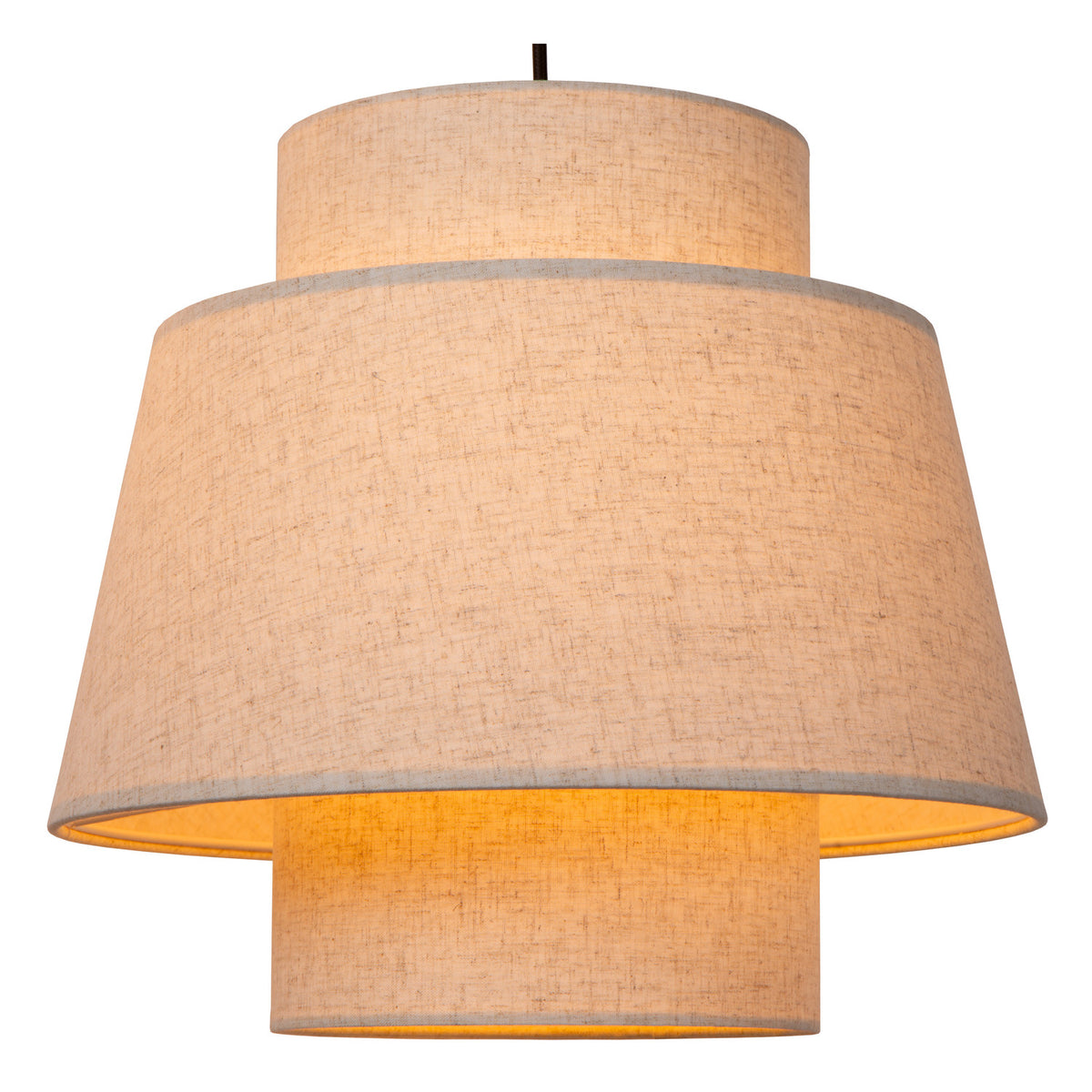 Détail de l'abat-jour inférieur allumé, matière tissée beige et bordure