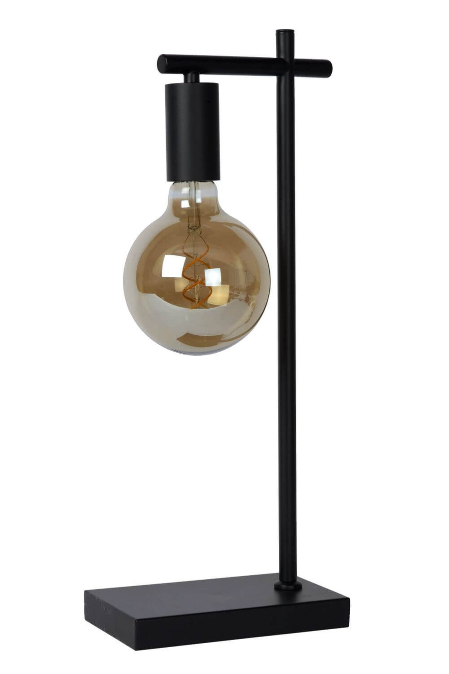 Détail de l'ampoule globe dorée et de sa douille cylindrique noire