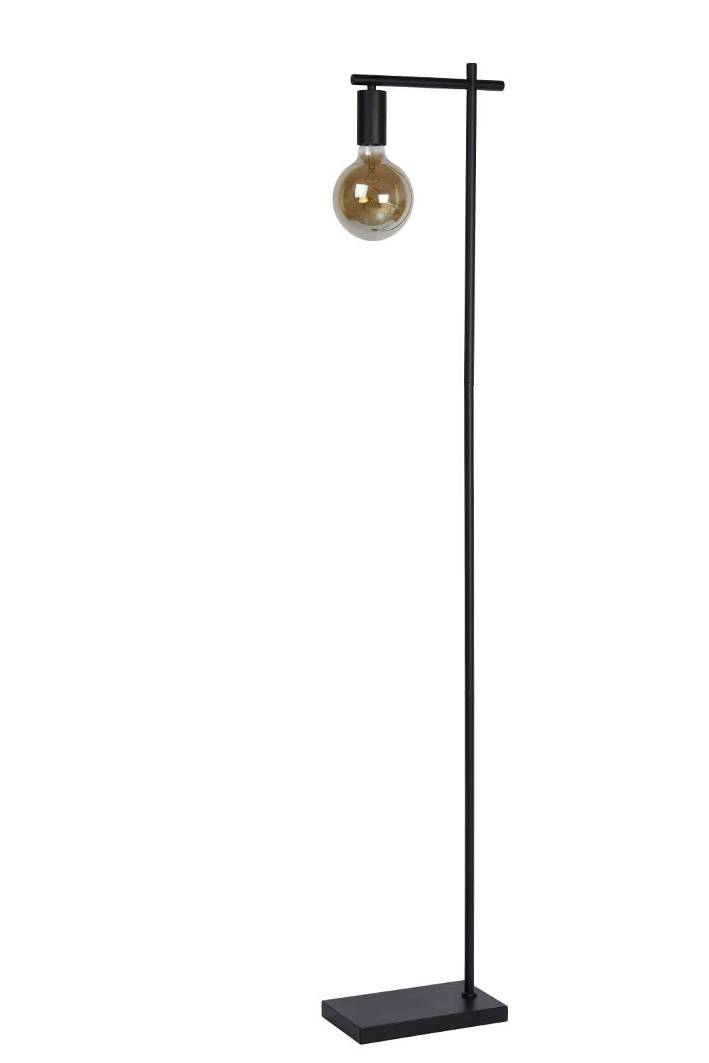 Autre angle du lampadaire noir seul, montrant le bras horizontal et l'ampoule.