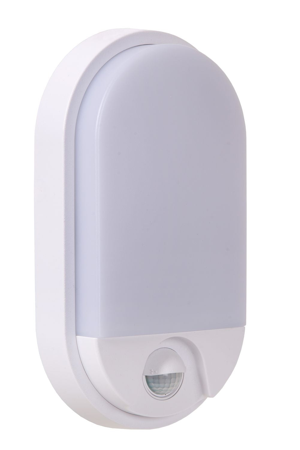 Applique murale ovale blanche éteinte, montrant la surface diffusante et le capteur