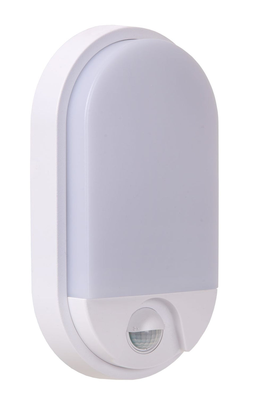 Applique murale ovale blanche éteinte, montrant la surface diffusante et le capteur
