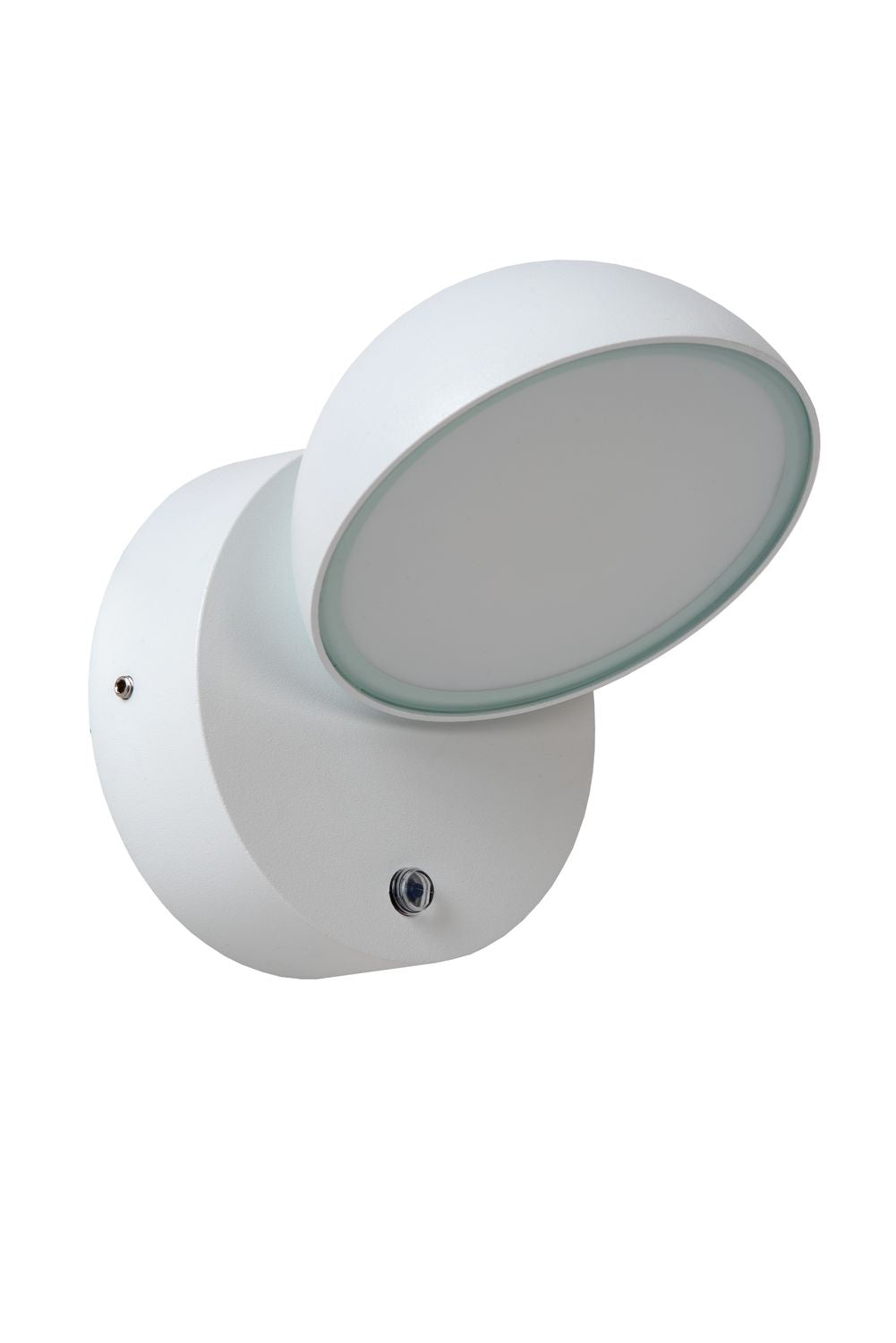Luminaire éteint vu de profil, diffuseur blanc opaque et boîtier laqué mat