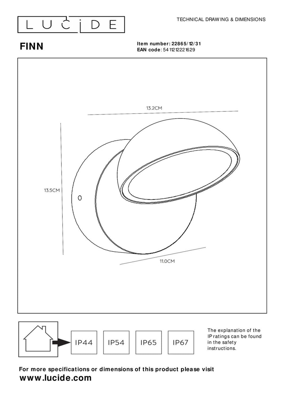 Schéma technique coté du fabricant avec cotes 13,2 cm, 13,5 cm et 11 cm