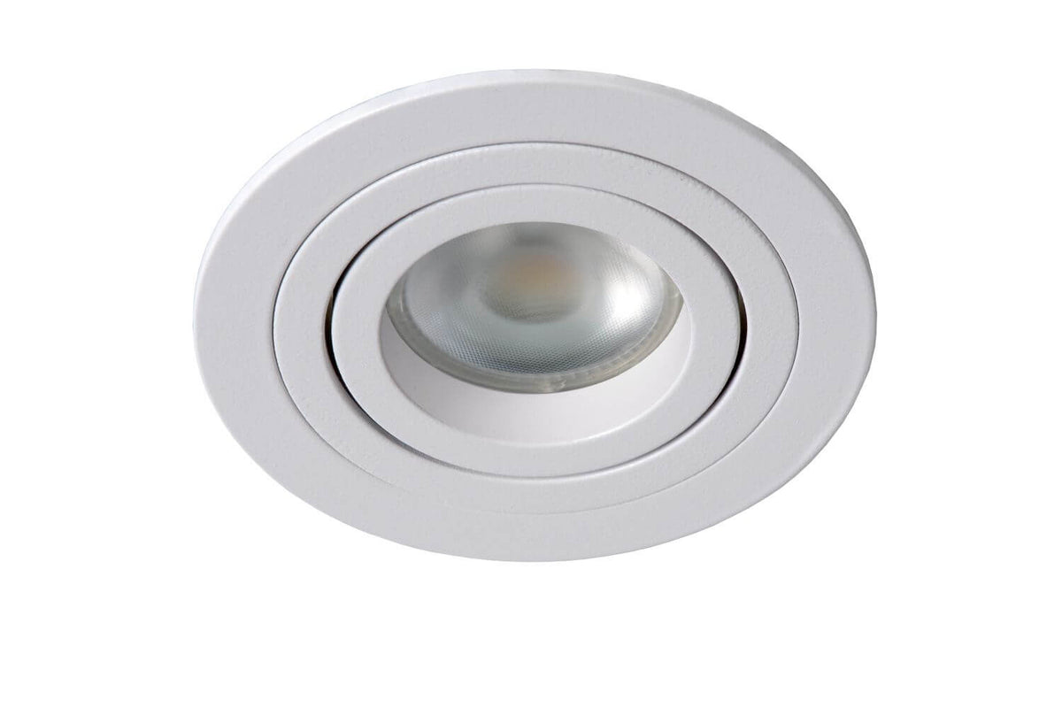 Spot encastrable blanc vu de face, ampoule LED éteinte sous lentille transparente
