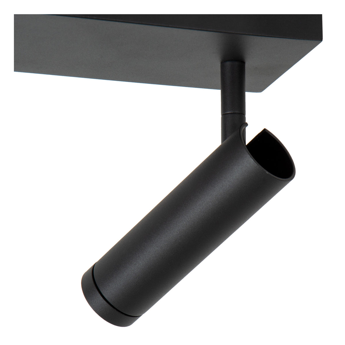 Détail de l'articulation et de la base rectangulaire noire, spot orientable vu de près