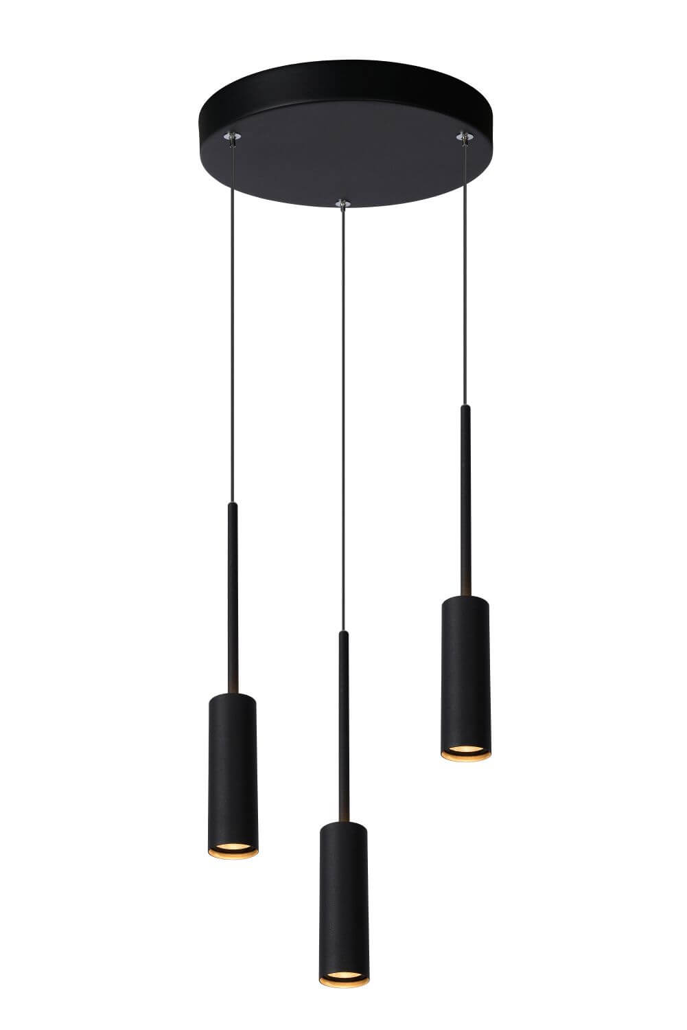 Trois cylindres noirs suspendus sur fond blanc, intérieur doré bien visible.