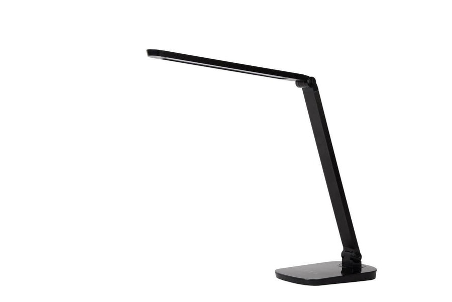 Vue de trois quarts de la lampe noire pliante avec bras incliné et base plate.