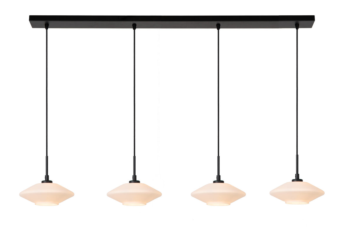 Produit isolé sur fond blanc, quatre suspensions fixées sous une barre de fixation noire