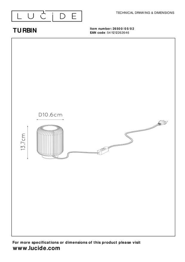 Schéma technique coté indiquant hauteur et diamètre du luminaire avec câble d'alimentation.