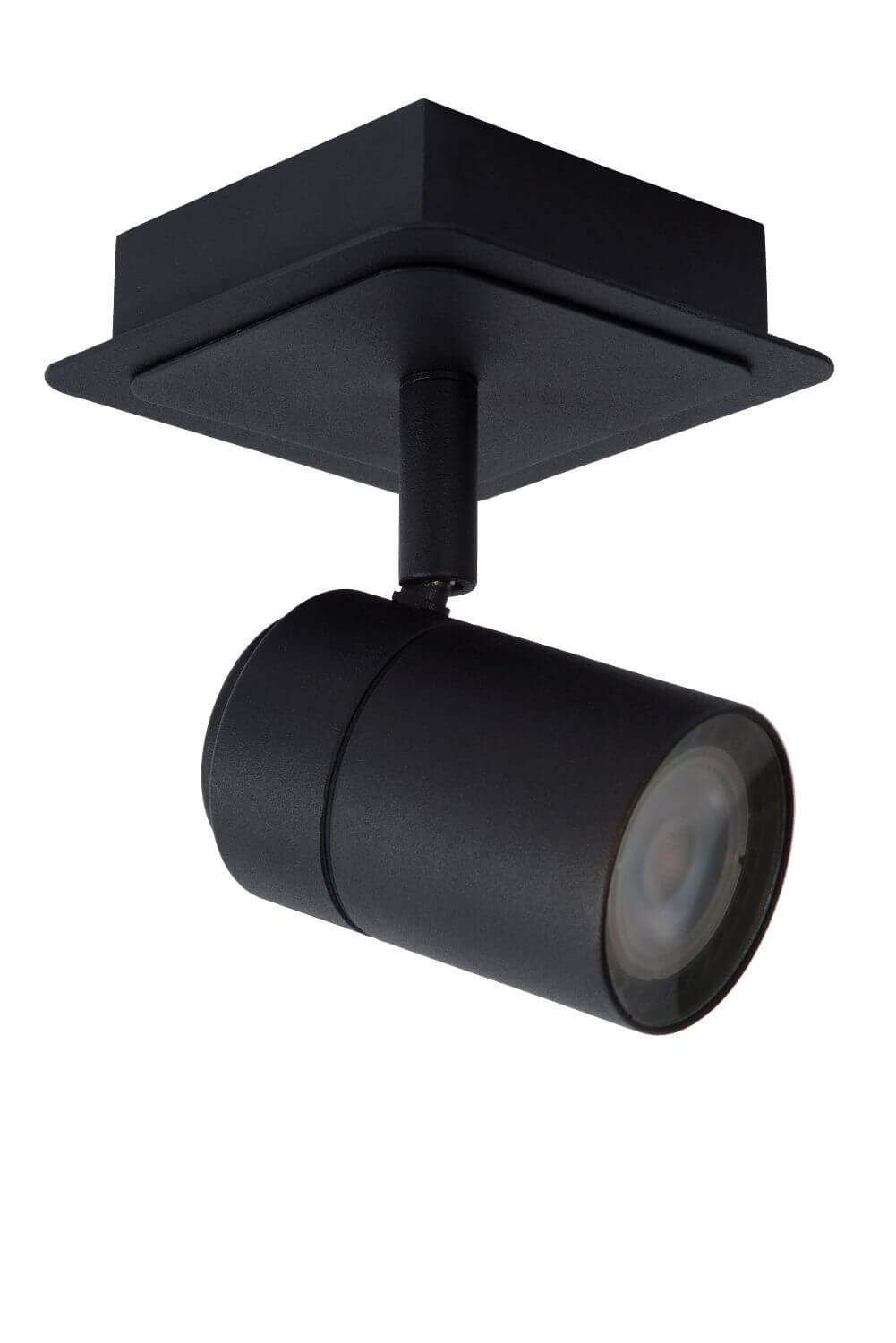 Détail du projecteur noir orientable, lentille éteinte vue de trois quarts