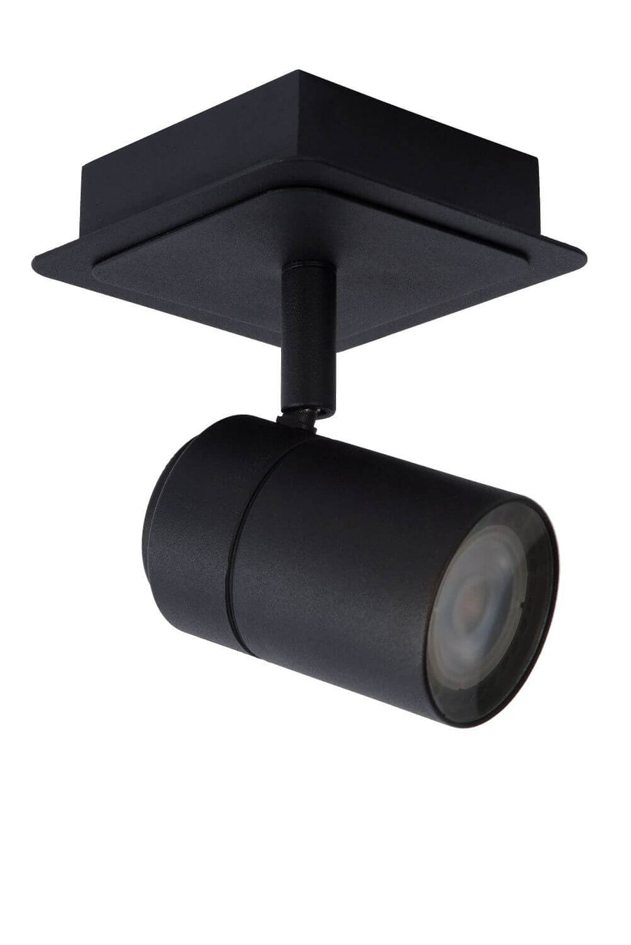 Détail du projecteur noir orientable, lentille éteinte vue de trois quarts