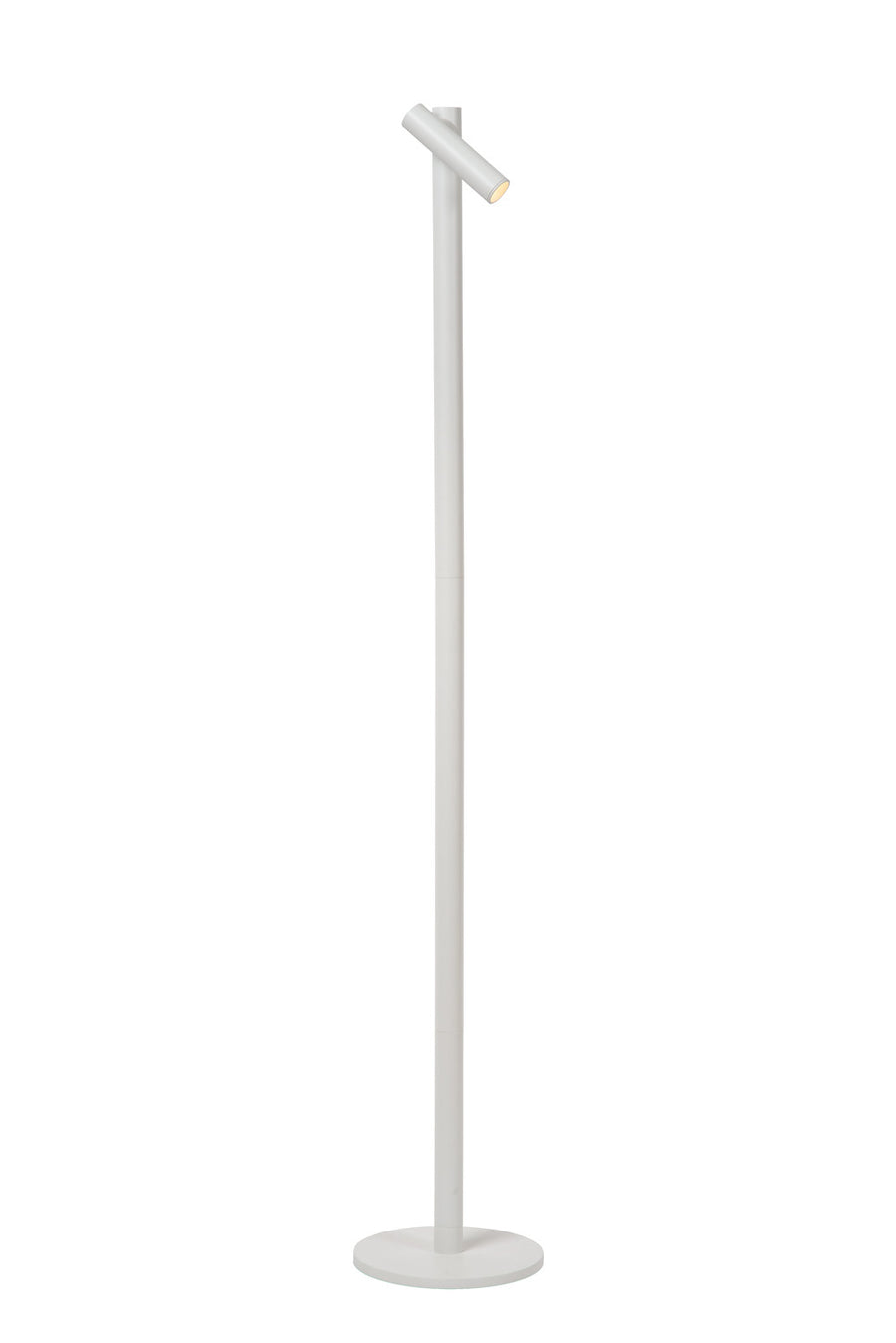 Lampadaire blanc sur fond blanc, vu de face avec sa tête inclinée.