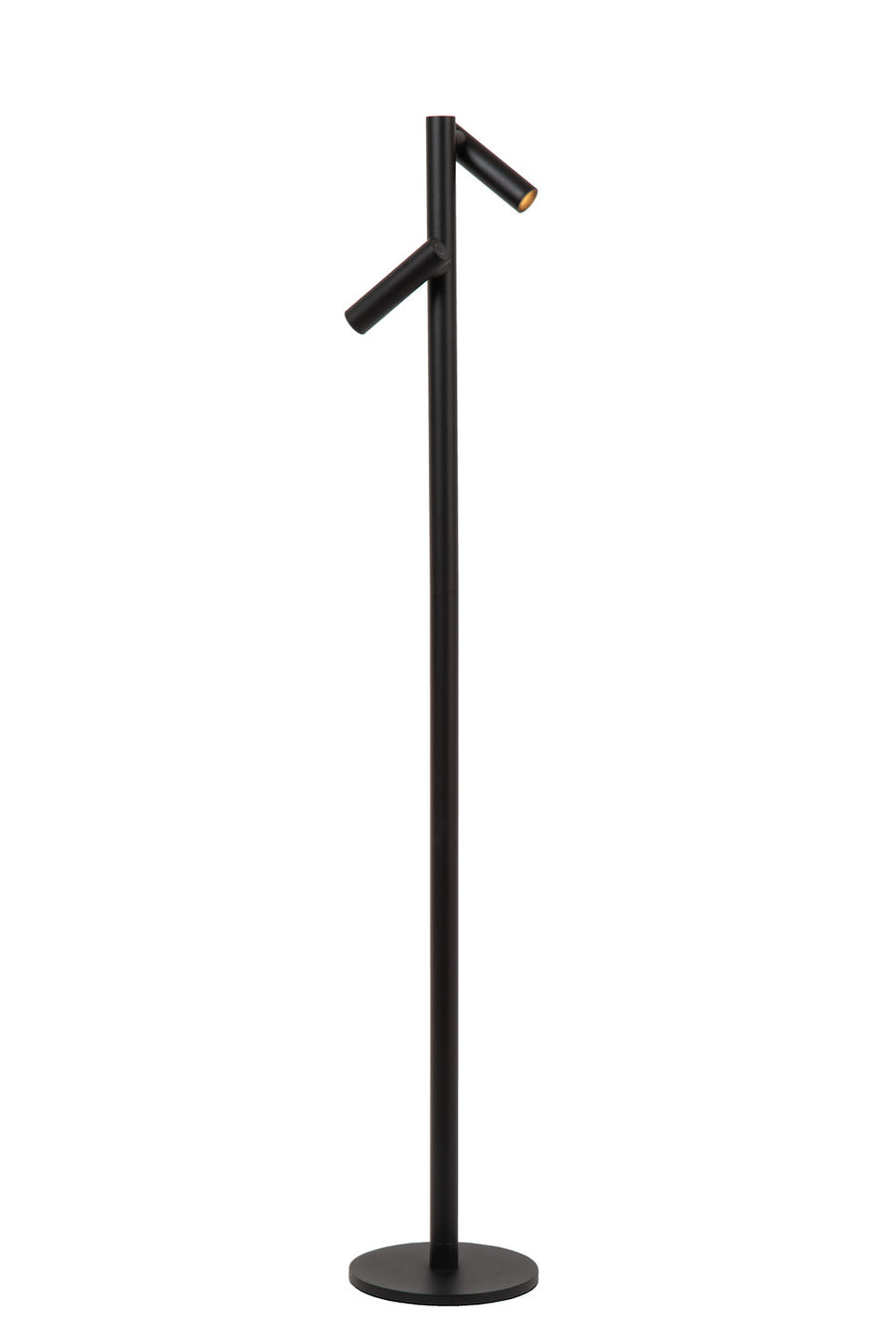 Vue de face du lampadaire noir sur socle rond, un projecteur allumé.