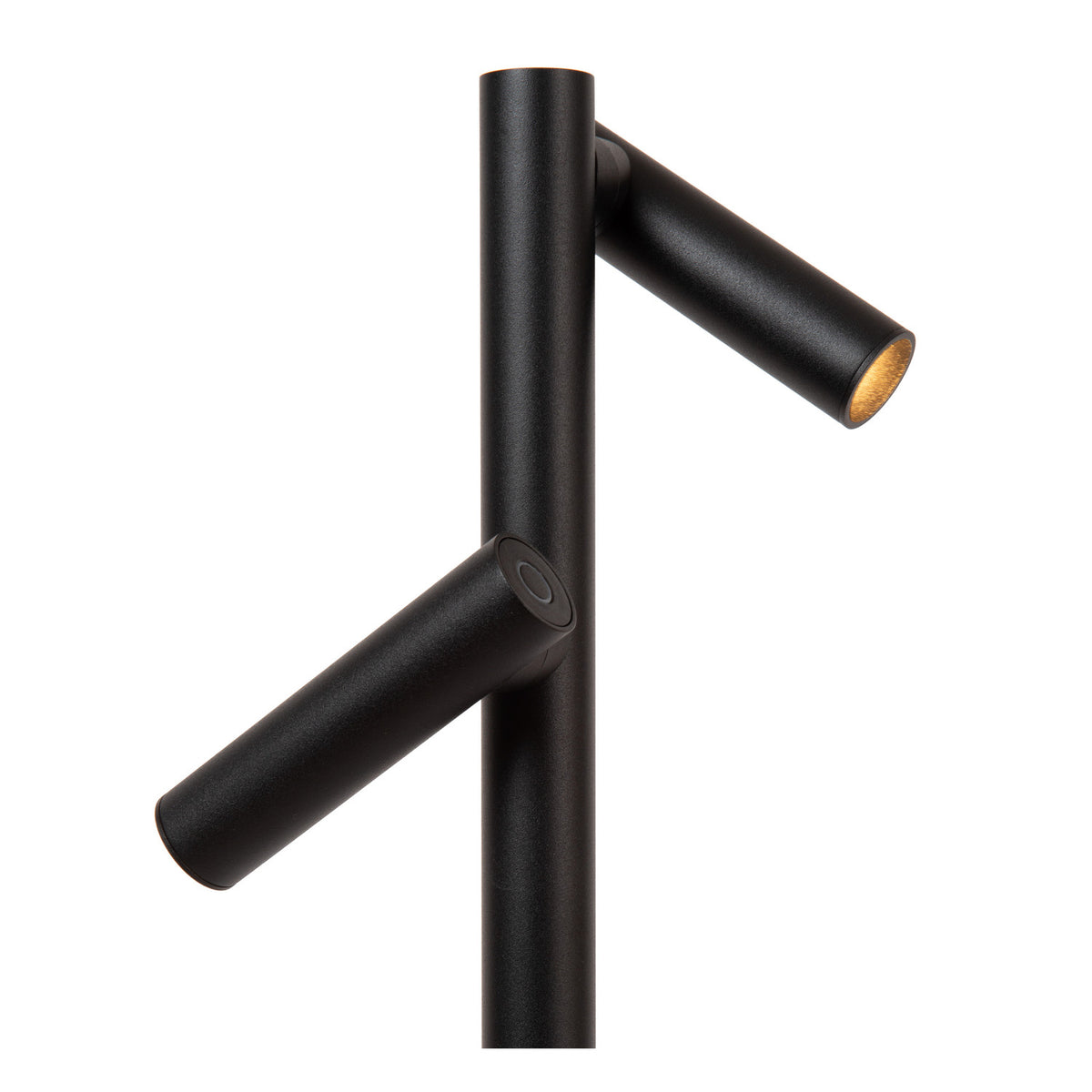 Gros plan sur les deux projecteurs cylindriques orientables noirs, l'un allumé.