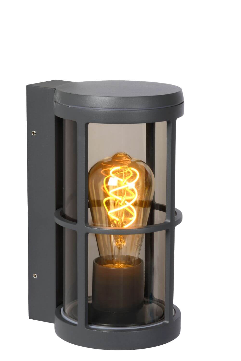 Produit de face sur fond blanc, ampoule filament en spirale dans cage cylindrique.