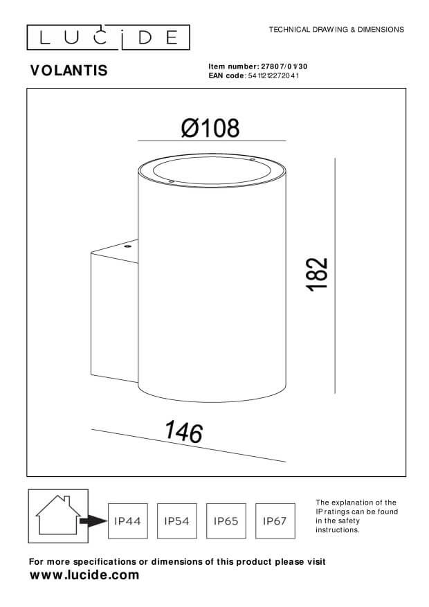 Schéma technique coté : diamètre 108 mm, hauteur 182 mm, indice IP44